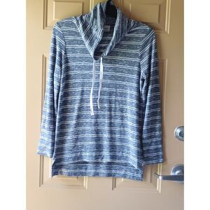 Olive & Oak Blue Space Dye Striped Cowl Neck Hoodie Tunic Medium